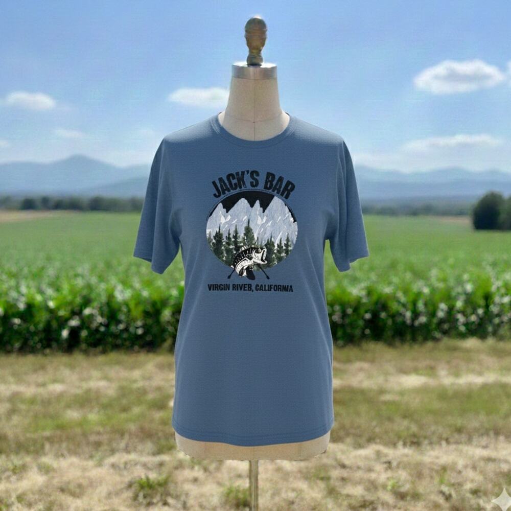 Gildan Graphic Tee XL Heather Blue Softstyle NWT Jack's Bar Virgin River Fishing - Picture 9 of 9